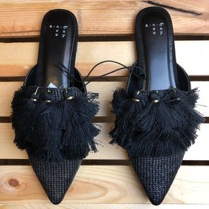BLACK SLIP ON MULE WITH TASSELS - SIZE 8